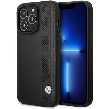 BMW dėklas iPhone 14 Pro Max telefonui Leather Blue Dots, juodas