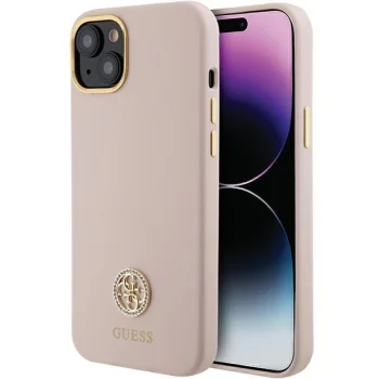 Guess Silicone Logo Strass 4G dėklas iPhone 15 telefonui, šviesiai rožinis