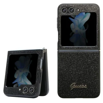 Guess Glitter Script dėklas Samsung Galaxy Z Flip 5 telefonui, juodas