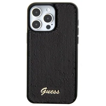Guess Sequin Script Metal dėklas iPhone 15 telefonui, juodas