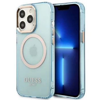 Guess Gold Outline Translucent MagSafe dėklas iPhone 13 / 13 Pro, mėlynas
