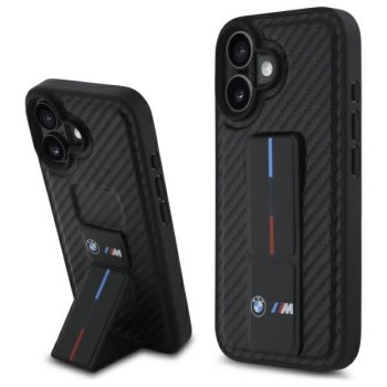 BMW dėklas iPhone 16 telefonui M Grip Stand Smooth and Carbon, juodas