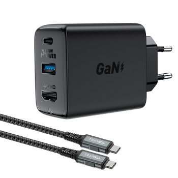 Acefast A17 „2in1“ GaN įkroviklis ir HDMI adapteris 65W USB-C / USB su laidu, juodas