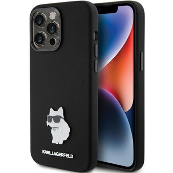 Karl Lagerfeld dėklas iPhone 15 Pro Max, Silicone Choupette Metal Pin, juodas