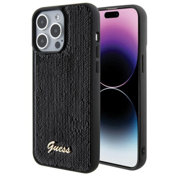 Guess iPhone 15 Pro Max dėklas Sequin Script Metal, juodas