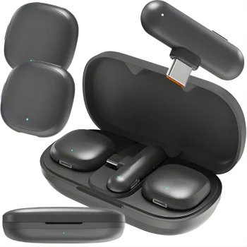 Belaidžių prisegamų mikrofonų komplektas 2 vnt. su USB-C imtuvu ir įkrovimo dėklu