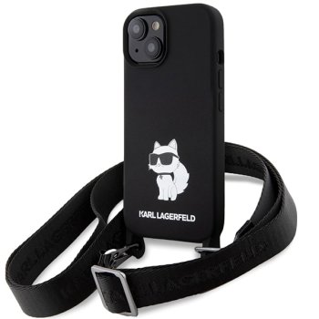Karl Lagerfeld dėklas iPhone 15 su virvele Crossbody Silicone Choupette, juodas