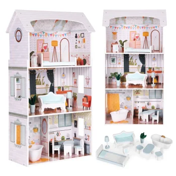 Medinis lėlių namelis Ecotoys Alice 128626, 3 aukštų su 9 baldais