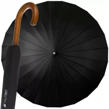 Malatec Large Umbrella with Wooden Handle, 24 Ribs, Black