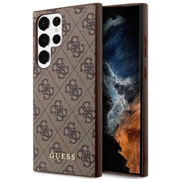 Guess 4G Metal Gold Logo dėklas, skirtas Samsung Galaxy S23 Ultra S918, rudas