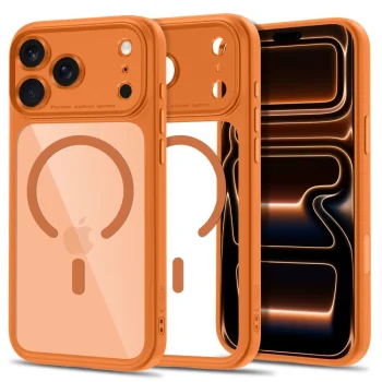Dėklas Tech-Protect MagPeak MagSafe CC skirtas iPhone 18 Pro / 17 Pro, skaidrus oranžinis