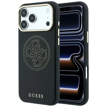 Dėklas Guess Perforated 4G Gold Logo MagSafe skirtas iPhone 17 Pro / 18 Pro, juodas