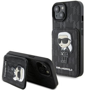 Karl Lagerfeld dėklas iPhone 15 telefonui Saffiano Monogram Ikonik Patch, juodas