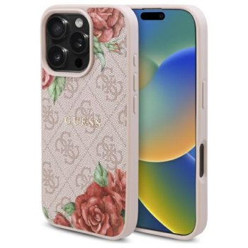 Guess dėklas iPhone 16 Pro Max telefonui 4G Flowers Print MagSafe, rožinis