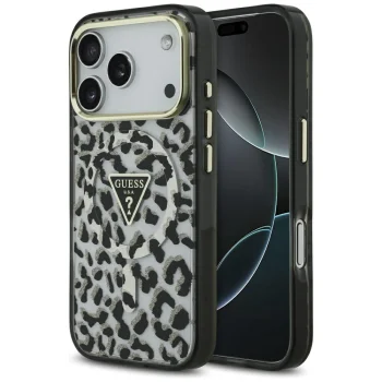 „Guess Leopard Glitter MagSafe“ dėklas „iPhone 17 Pro Max“, juodas