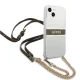 Guess dėklas iPhone 13 mini su ruda juostele ir auksine grandinėle, skaidrus