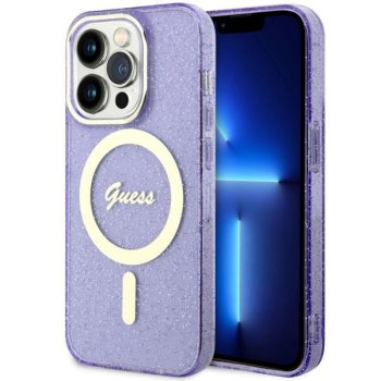 Guess dėklas iPhone 14 Pro telefonui Glitter Gold MagSafe, violetinis