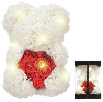 Rose Bear Teddy with Heart and LED Lights 23 cm, White & Red