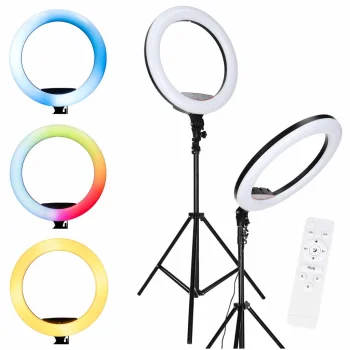 RGB LED žiedinė lempa 45 cm (18") su stovu, pulteliu ir 3 telefonų laikikliais
