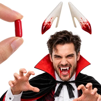 Vampyro ir vilkolakio iltys su netikru krauju Helovinui