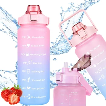 Motyvacinis vandens butelis su šiaudeliu 2000 ml, rožinis ir mėlynas