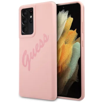 Guess Silicone Vintage Script dėklas, skirtas Samsung Galaxy S21 Ultra, rožinis