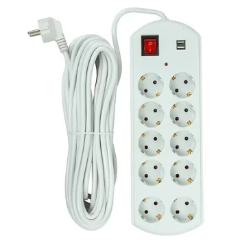 Ilgiklis 10m, 10 lizdų, 2x USB, su jungikliu, baltas