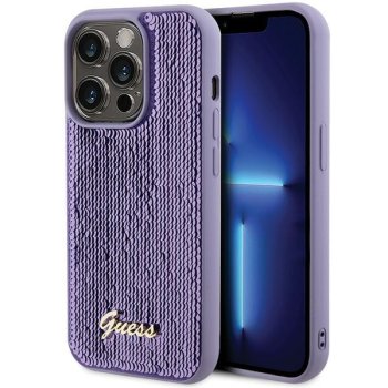 Guess dėklas iPhone 15 Pro telefonui Sequin Script Metal, violetinis