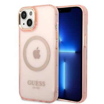 Guess Gold Outline MagSafe dėklas iPhone 14 telefonui Rose Gold