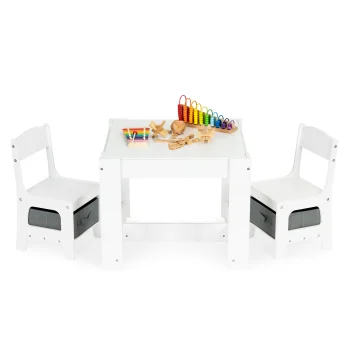 ECOTOYS medinis vaikiško stalo ir 2 kėdžių komplektas su kreidine lenta, baltas