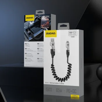 Dudao L20 Pro 4-in-1 Spiral USB-A / USB-C to Lightning / USB-C Cable 65W 1.5m - Black