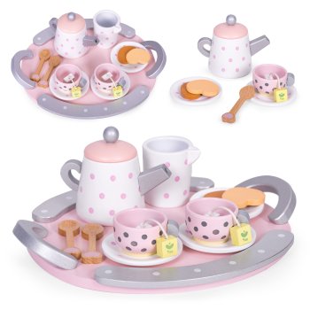 Ecotoys W10D824 Wooden Tea Set for Kids, 15 Pieces