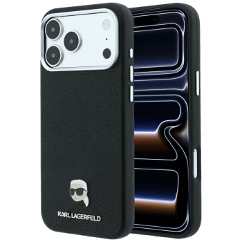 Karl Lagerfeld Grained Karl Head Metal MagSafe dėklas iPhone 18 Pro / 17 Pro, juodas