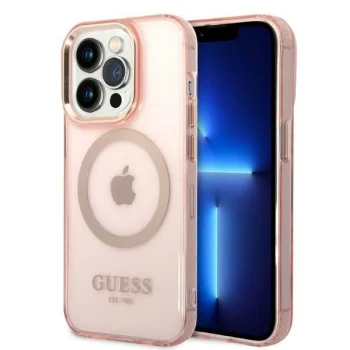 Guess dėklas iPhone 14 Pro Gold Outline MagSafe, rausvojo aukso spalvos