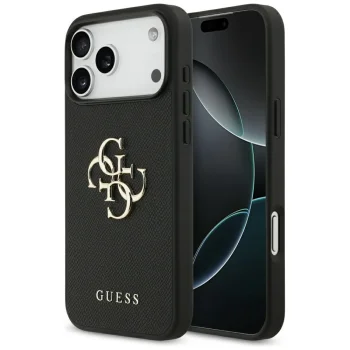 Guess Grained Big 4G & Classic Logo dėklas iPhone 17 Pro Max, juodas