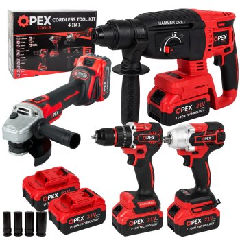 OPEX TOOLS OPX28007 akumuliatorinių įrankių rinkinys 4-in-1 (21V, 2x 3.0Ah)