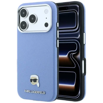 Karl Lagerfeld Grained Karl Head Metal MagSafe case for iPhone 18 Pro / 17 Pro, light blue
