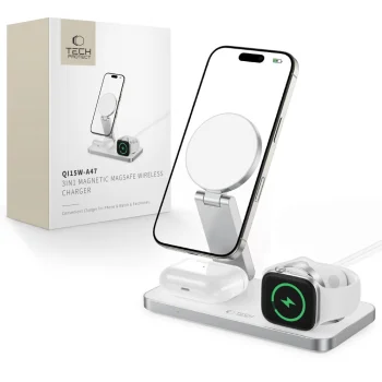 „Tech-Protect QI15W-A47 MagSafe“ trys viename belaidis įkroviklis, baltas