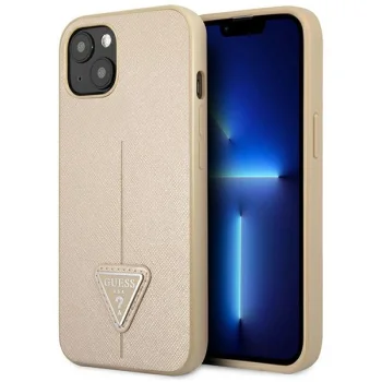 Guess Saffiano Triangle Logo dėklas iPhone 13 mini telefonui, smėlio spalvos