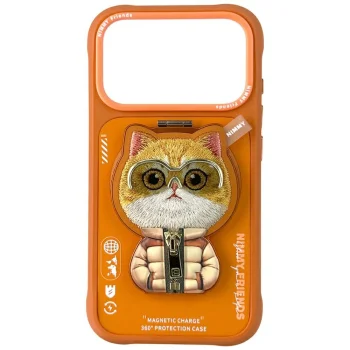 Nimmy Cool&Cute 2.0 Cat dėklas iPhone 17 Pro Max su magnetiniu pakabuku, oranžinis