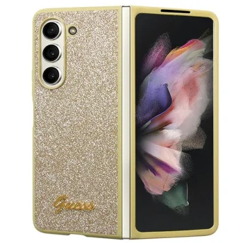 Guess Glitter Script dėklas Samsung Galaxy Z Fold 5 telefonui, auksinis