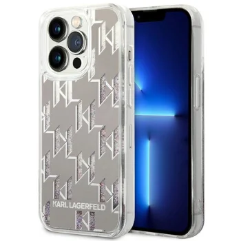 Karl Lagerfeld Liquid Glitter Monogram dėklas iPhone 14 Pro Max, sidabrinis