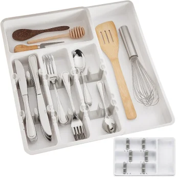Pull-Out Cutlery Storage Tray for Drawers Organizer with 5 Compartments