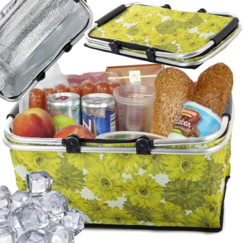 Collapsible Thermal Picnic and Shopping Basket, Green with Flowers