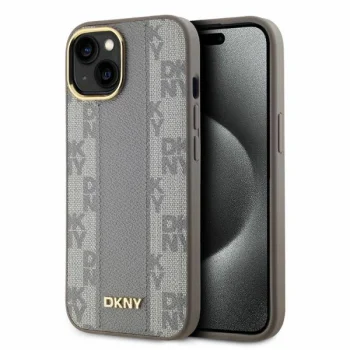 DKNY Leather Checkered Mono Pattern MagSafe dėklas iPhone 15, smėlio spalvos