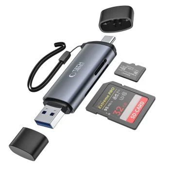 Tech-Protect UltraBoost SD / microSD kortelių skaitytuvas USB-C / USB-A, pilkas