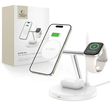 Belaidis įkroviklis „Tech-Protect QI15W-A35 3-in-1 MagSafe“, baltas
