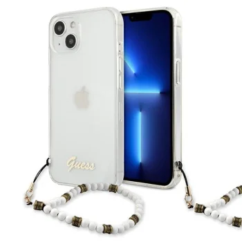 Guess Pearl skaidrus dėklas su perlais iPhone 13 mini, baltas