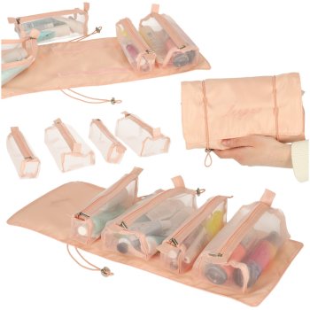 4-in-1 Roll-Up Travel Toiletry Bag with Detachable Pouches, Pink