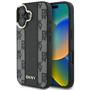 DKNY Leather Checkered Mono Pattern MagSafe dėklas telefonui iPhone 16, juodas
